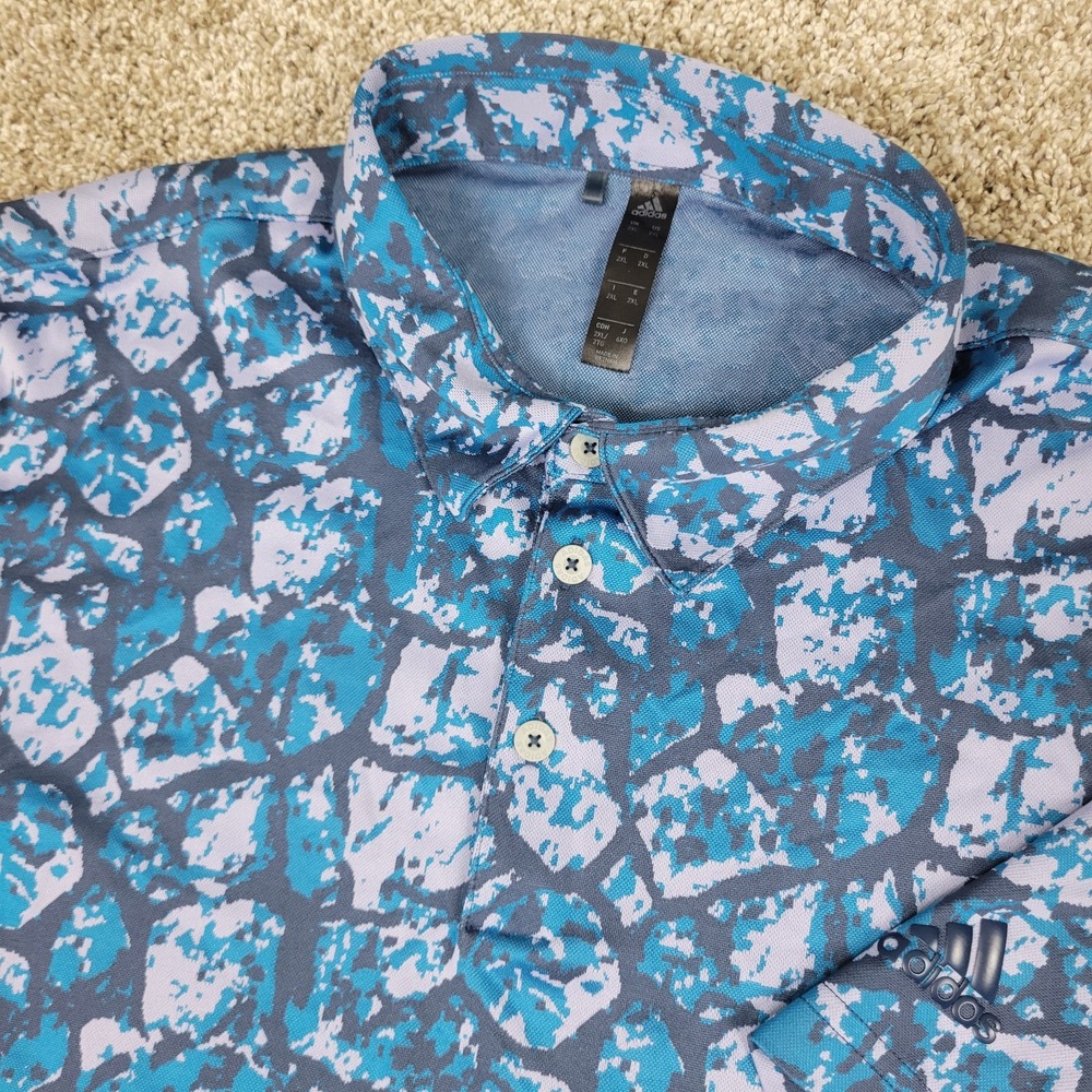 Adidas Mens 2XL Blue AOP Camo Performance Stretch Golf Polo Short Sleeve